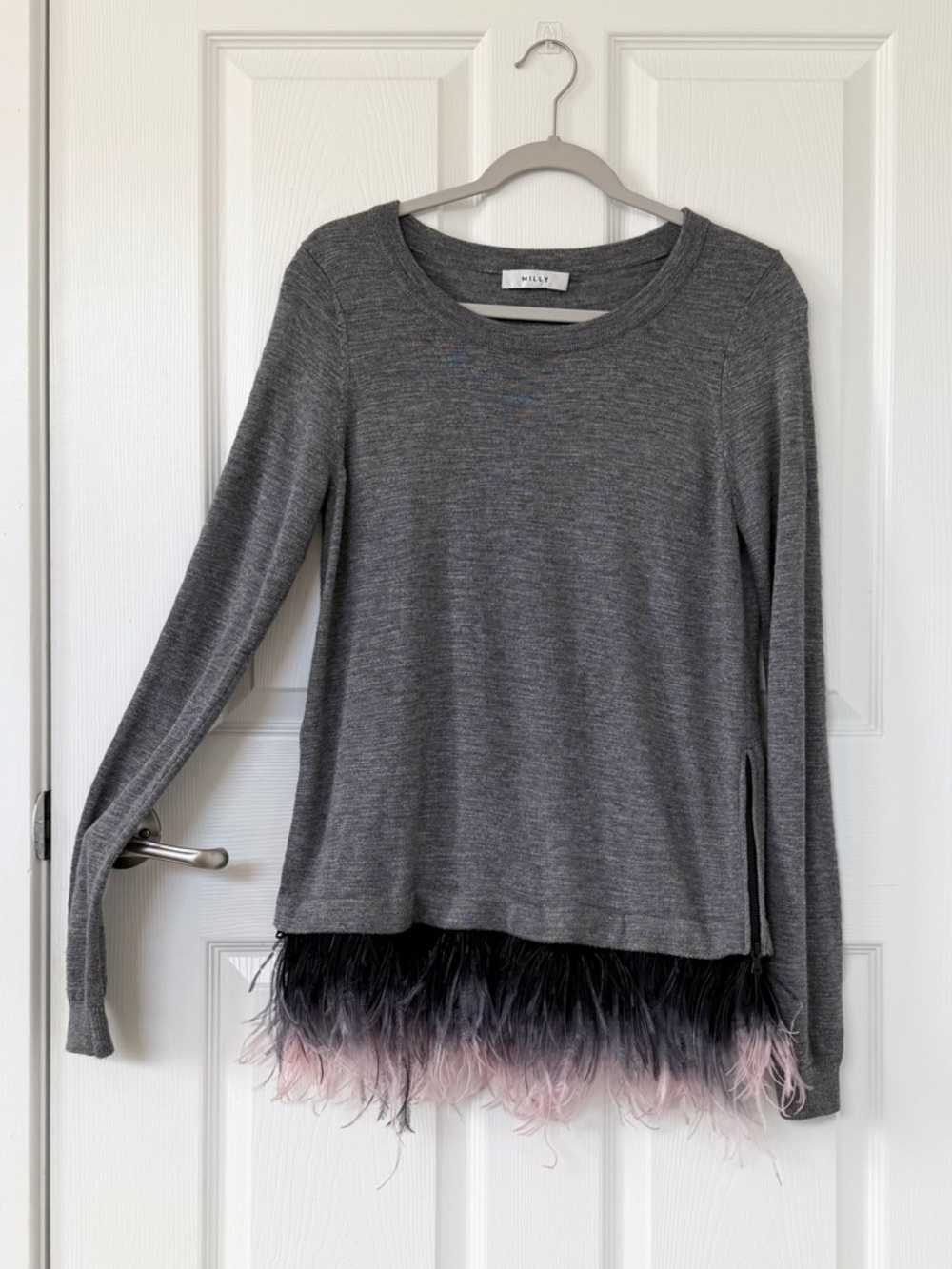 Milly Ostrich Plume Gray Scoop Neck Sweater - Picture 3 of 9
